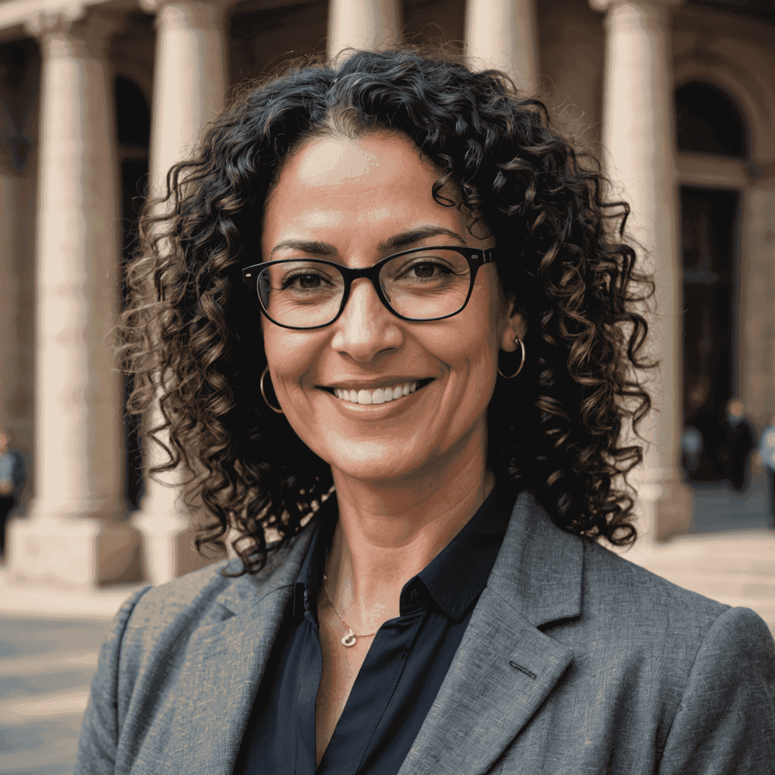 Portrait of Maria Silva, a woman in her 40s with curly black hair and glasses, wearing a professional blazer, smiling at the camera. The background suggests a museum office setting.