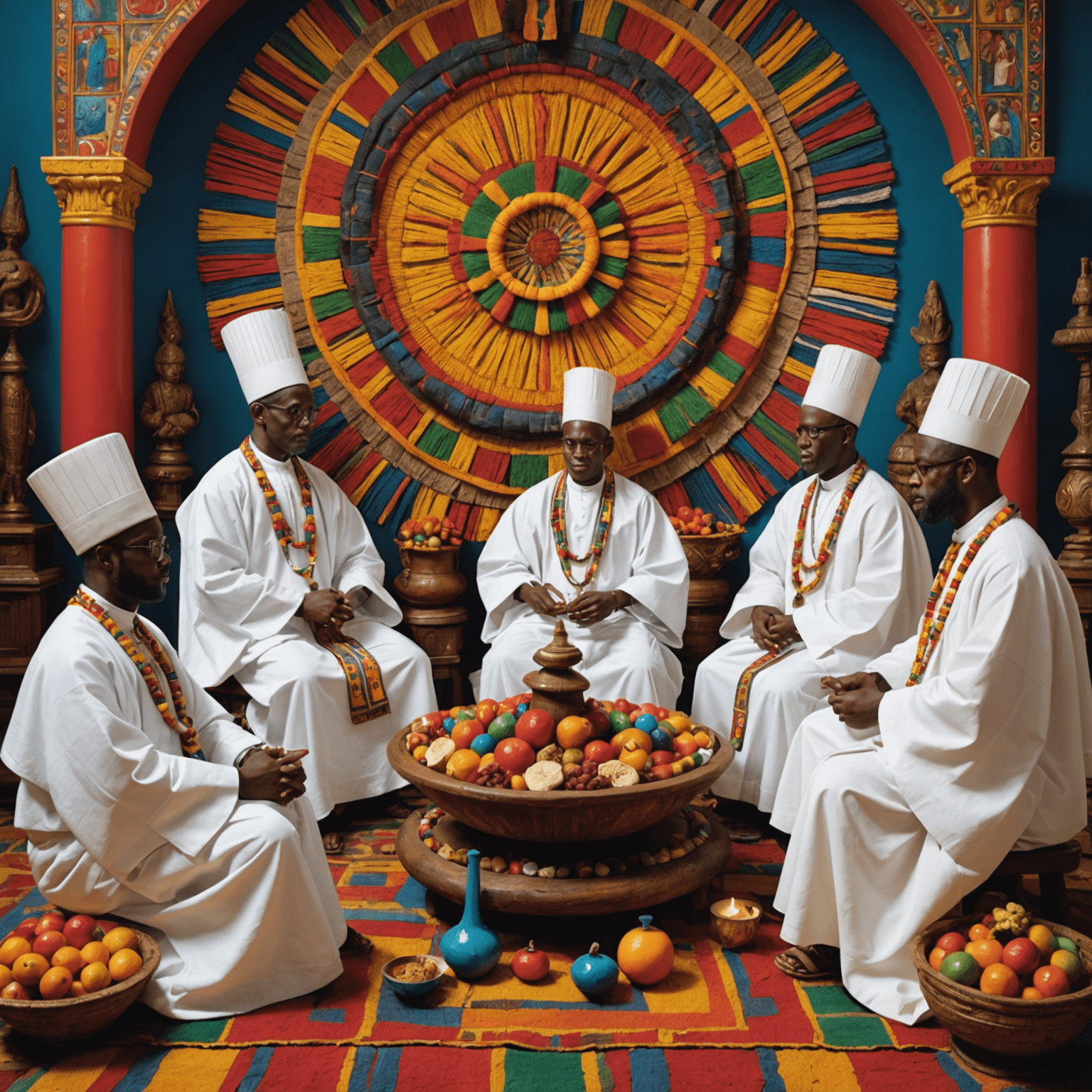 A colorful Candomblé ceremony with practitioners dressed in traditional white garments, surrounded by vibrant offerings and religious symbols