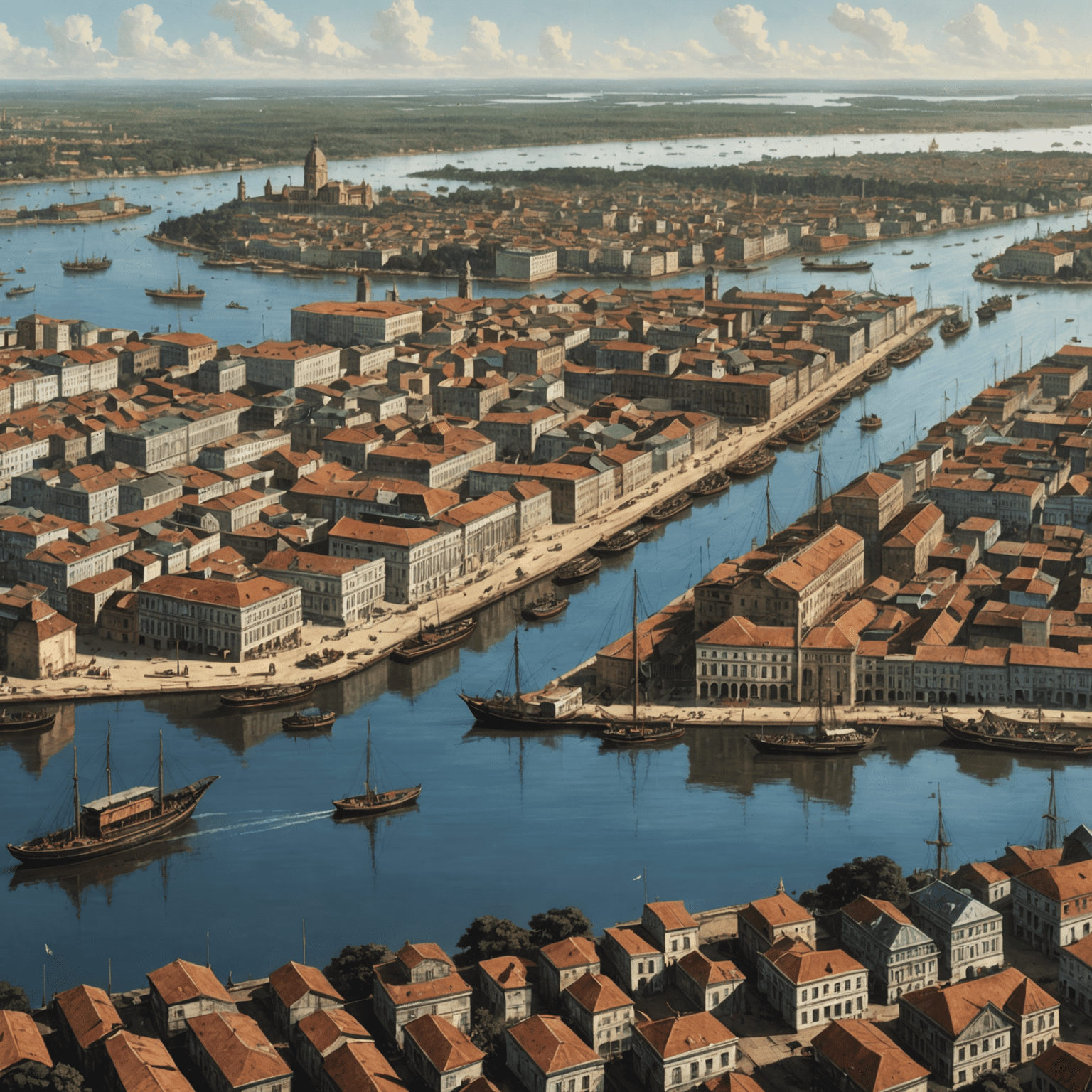 Historical image of Manaus during the rubber boom, showing grand buildings and bustling port activity along the Amazon River