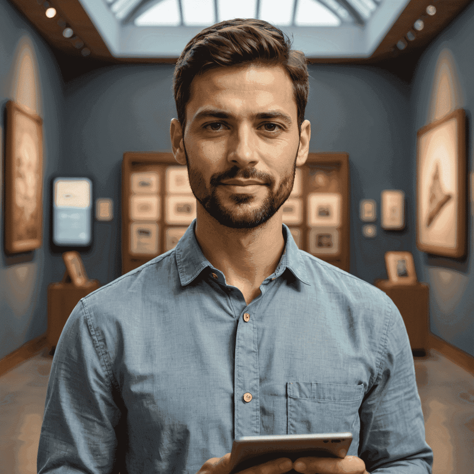 Portrait of João Santos, a man in his 30s with short brown hair, wearing a button-up shirt, standing in front of a museum exhibit. He has a friendly expression and is holding a tablet.