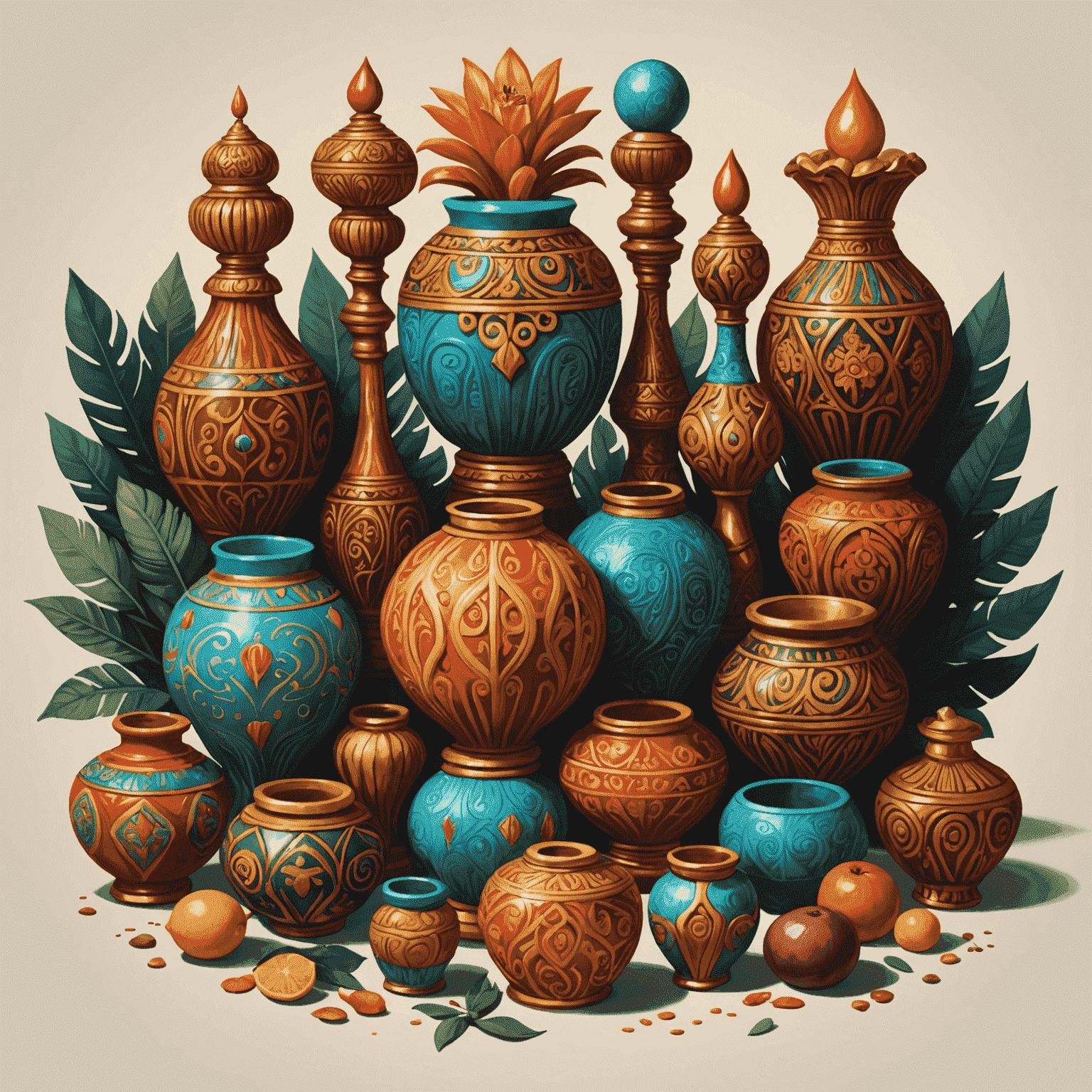 A collection of Candomblé-inspired artworks, including colorful paintings of Orixás and ornate ceremonial objects