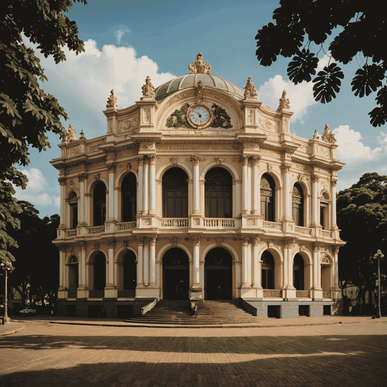 The majestic Teatro Amazonas opera house in Manaus, showcasing its ornate architecture against the backdrop of the Amazon rainforest