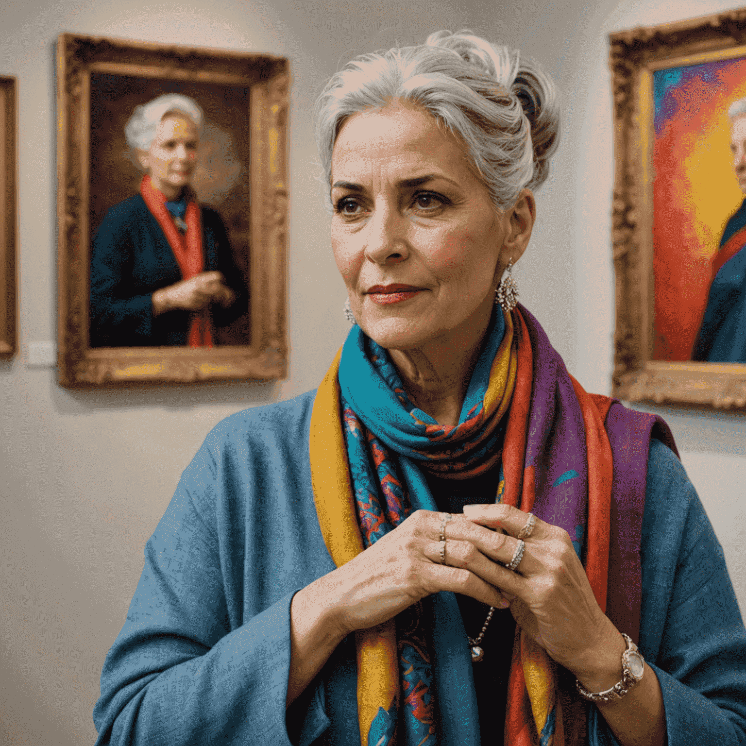 Portrait of Ana Ferreira, a woman in her 50s with silver hair in a bun, wearing elegant jewelry and a colorful scarf. She is photographed in an art gallery, gesturing towards a painting.