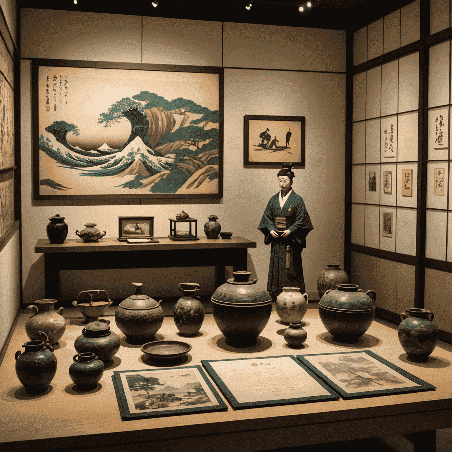 A display of traditional Japanese artifacts and photographs at the Museu da Imigração Japonesa