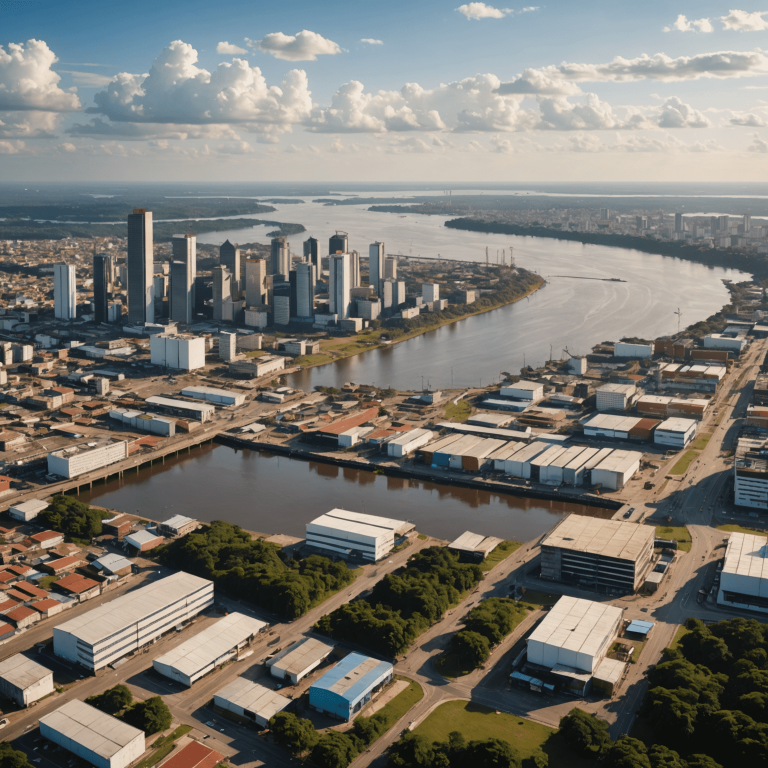 Modern Manaus skyline showing industrial areas and the Amazon River, illustrating the city's economic transformation