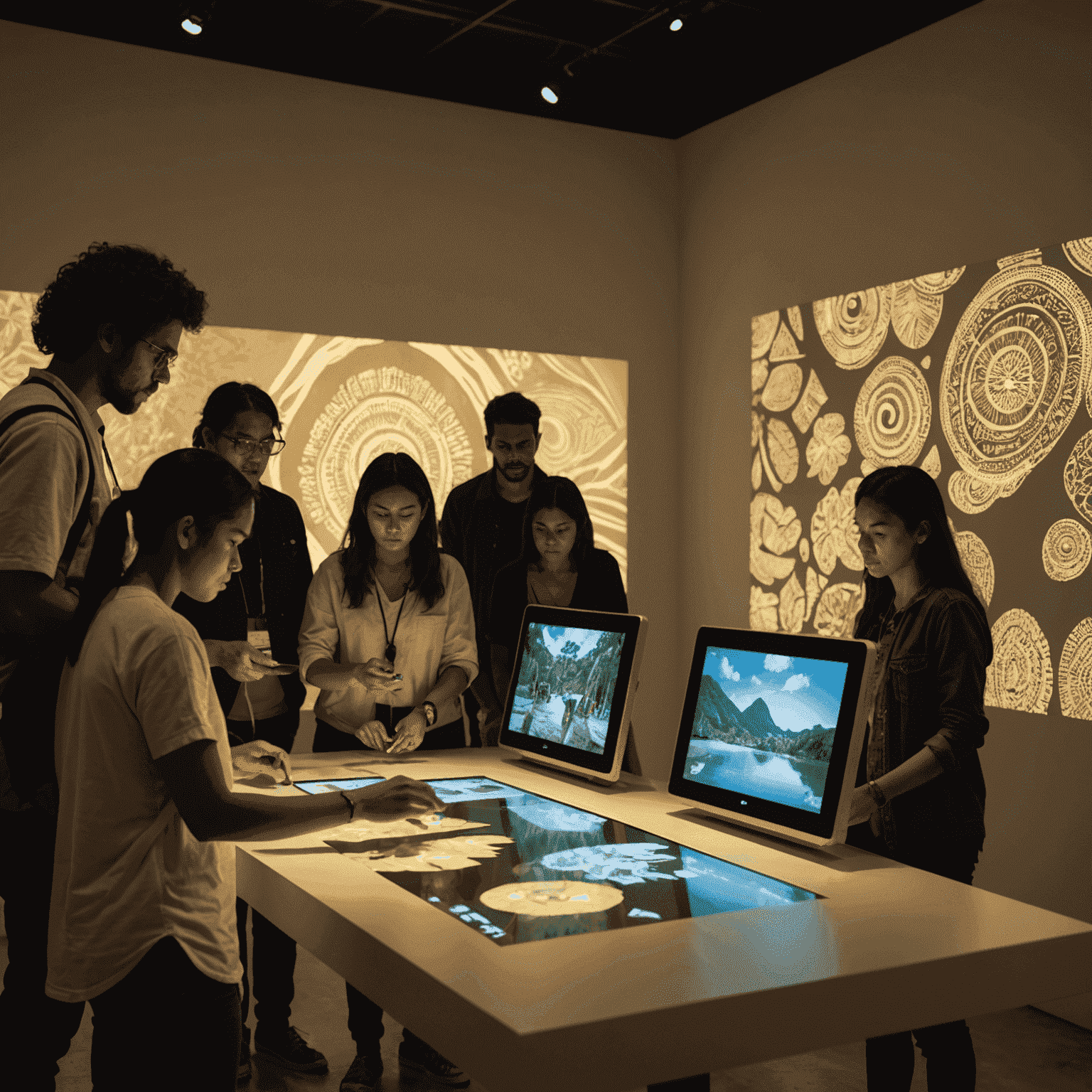 A group of visitors engaging with an interactive digital art installation that allows them to explore various aspects of indigenous Brazilian culture through touch screens and projected imagery